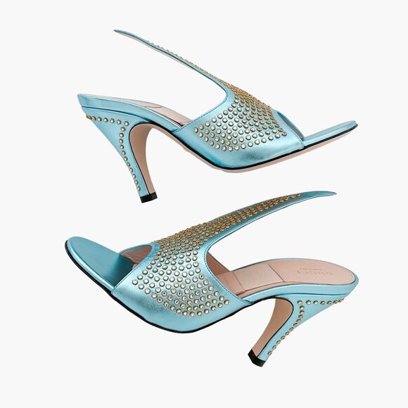 Gucci Fedra Crystal Embellished Mules EU 37 US 7 Metallic Blue High Heel Sandals - Picture 9 of 15